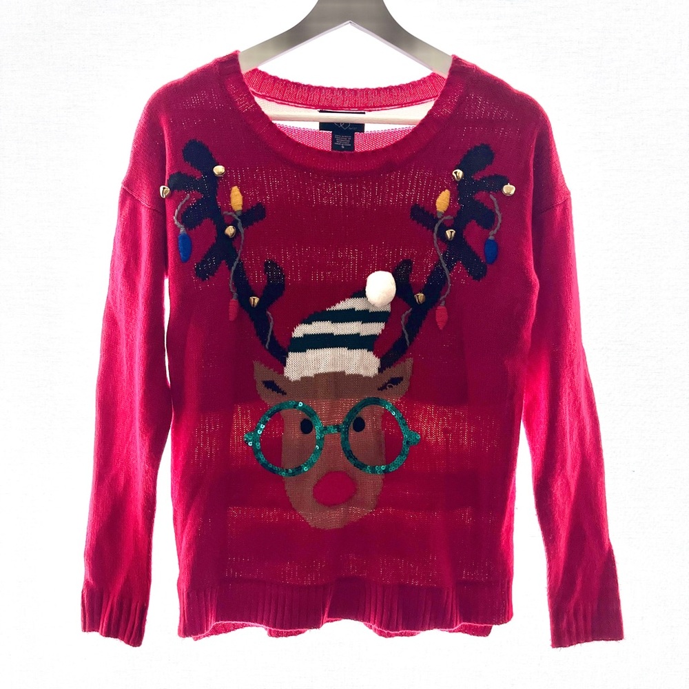 Rudolph reindeer Christmas sweater with jingle bells